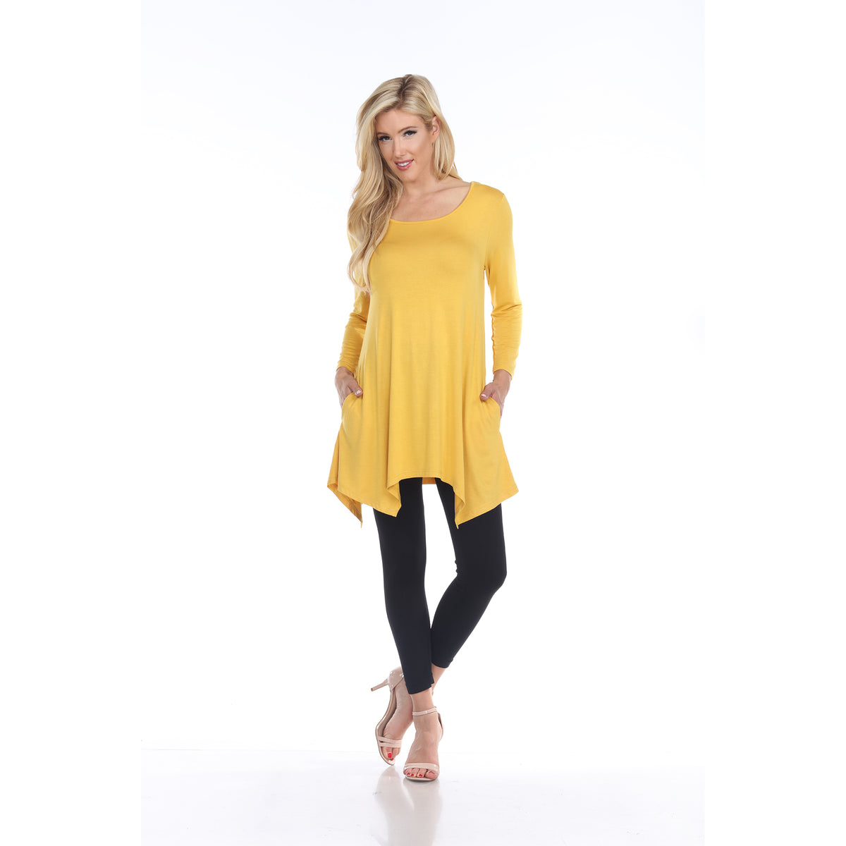 White Mark Women's Makayla Long Sleeve Four Point Hem Solid Tunic Top