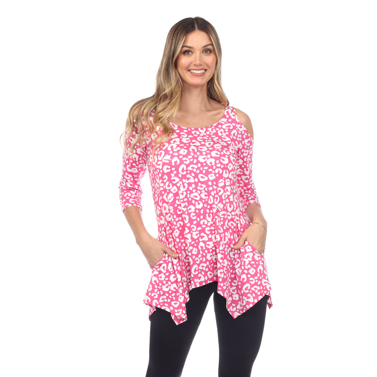White Mark Women's Leopard Print Cold Shoulder Tunic Top