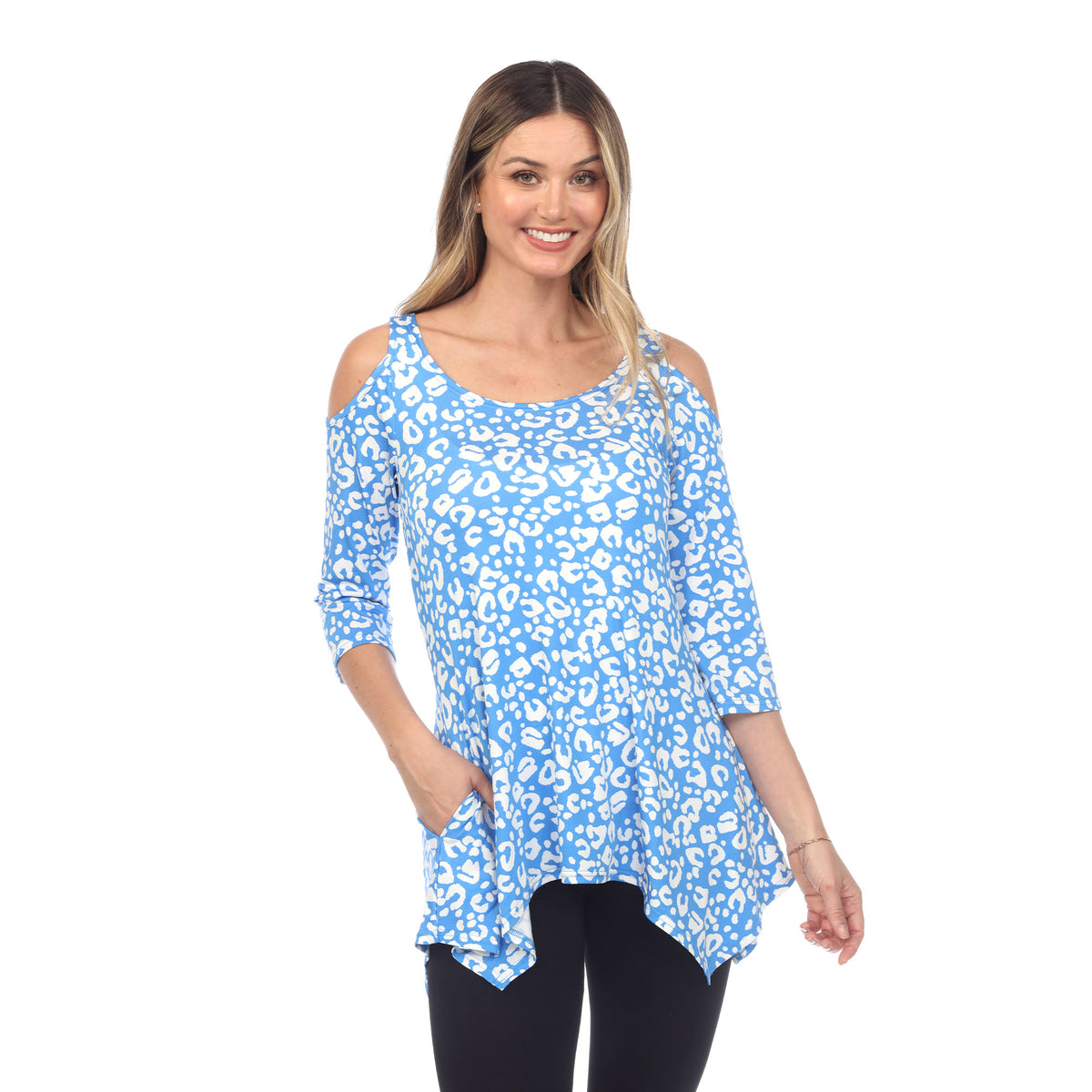 White Mark Women's Leopard Print Cold Shoulder Tunic Top