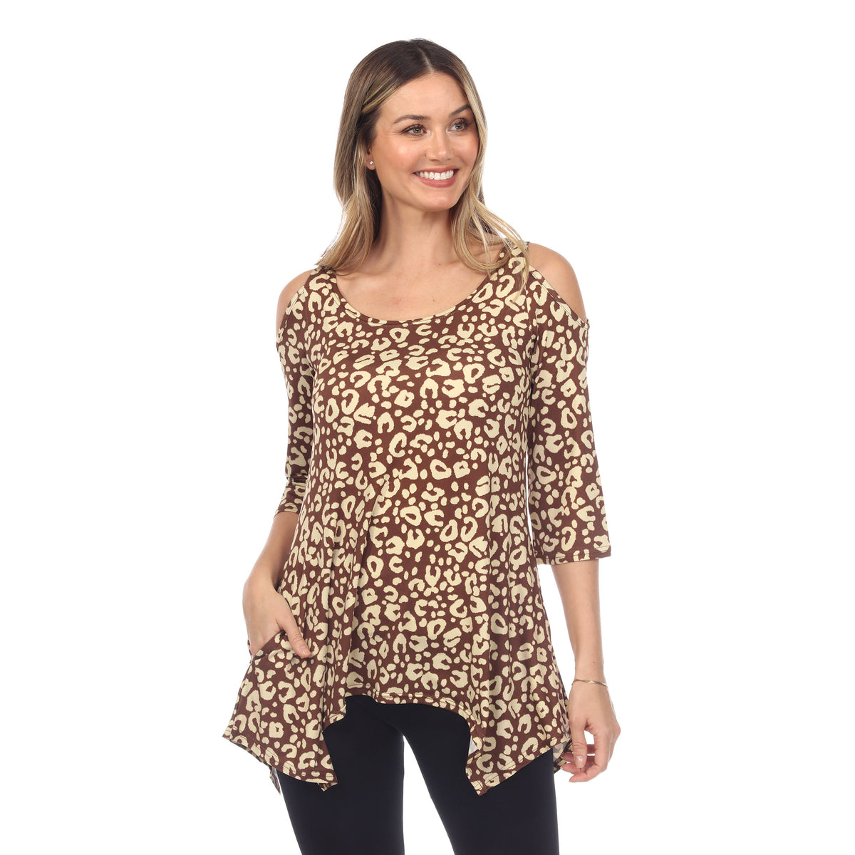 White Mark Women's Leopard Print Cold Shoulder Tunic Top