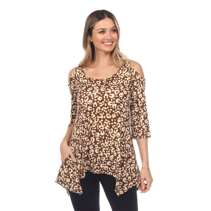 White Mark Women's Leopard Print Cold Shoulder Tunic Top