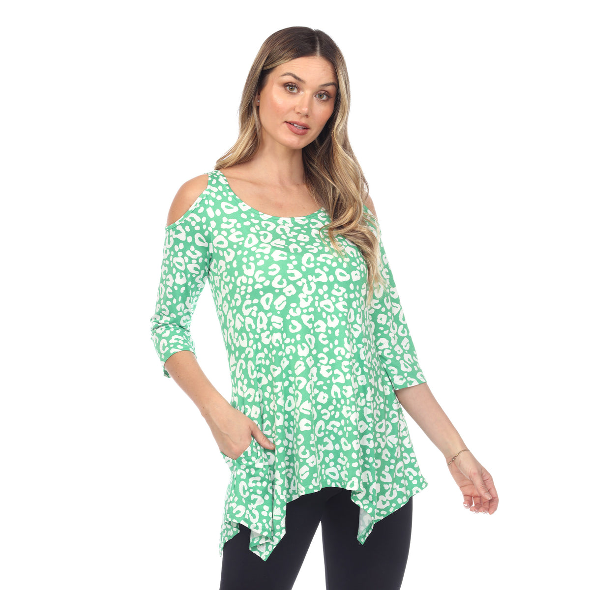 White Mark Women's Leopard Print Cold Shoulder Tunic Top