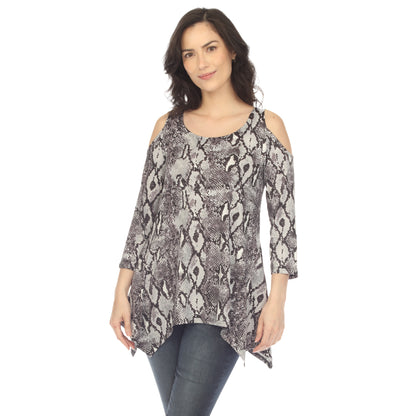 White Mark Women's Snake Print Cold Shoulder Tunic Top
