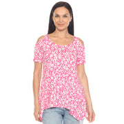 White Mark Women's Leopard Print Cold Shoulder Short Sleeve Tunic
