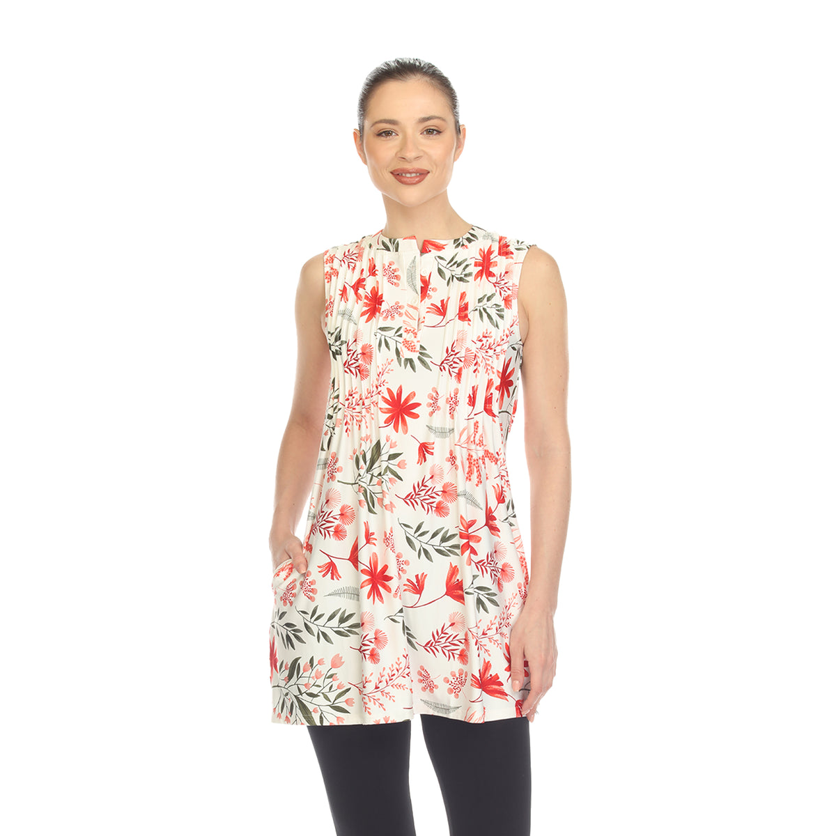 White Mark Women's Floral Print Pleated Sleeveless Top