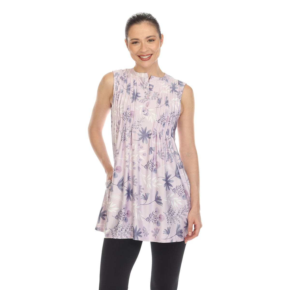 White Mark Women's Floral Print Pleated Sleeveless Top