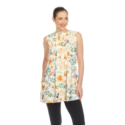 White Mark Women's Floral Print Pleated Sleeveless Top