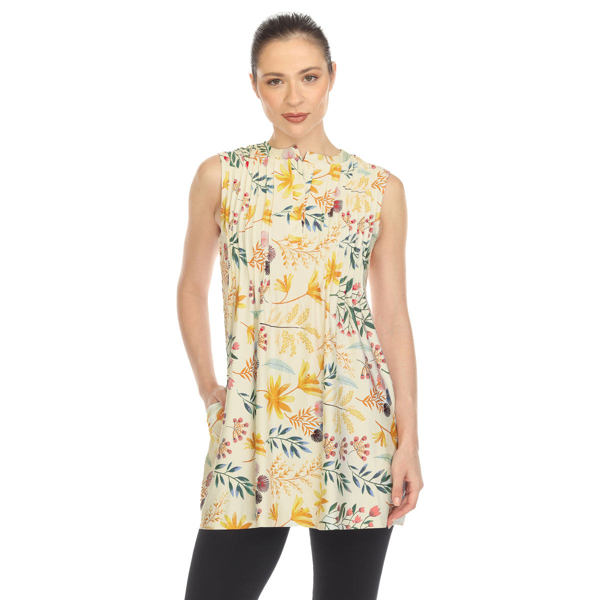 White Mark Women's Floral Print Pleated Sleeveless Top