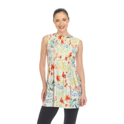 White Mark Women's Floral Print Pleated Sleeveless Top
