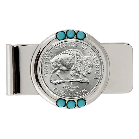 Westward Journey 2005 Bison Nickel Coin with Genuine Turquoise Stones Money Clip