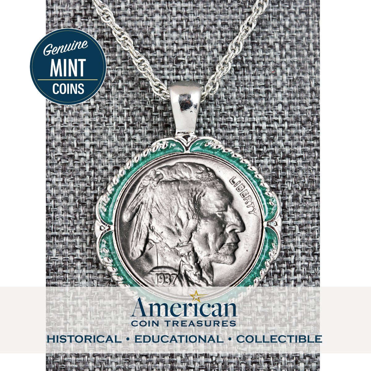 Buffalo Nickel Coin 1913-1938 Green Enamel Halo Pendant with 24" Chain + 3" Extender