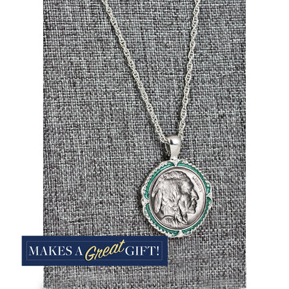Buffalo Nickel Coin 1913-1938 Green Enamel Halo Pendant with 24" Chain + 3" Extender