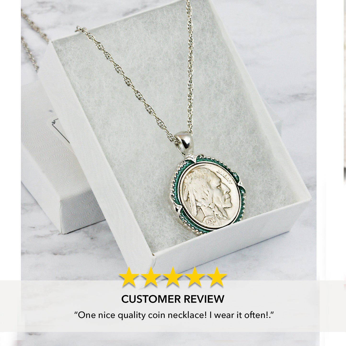 Buffalo Nickel Coin 1913-1938 Green Enamel Halo Pendant with 24" Chain + 3" Extender