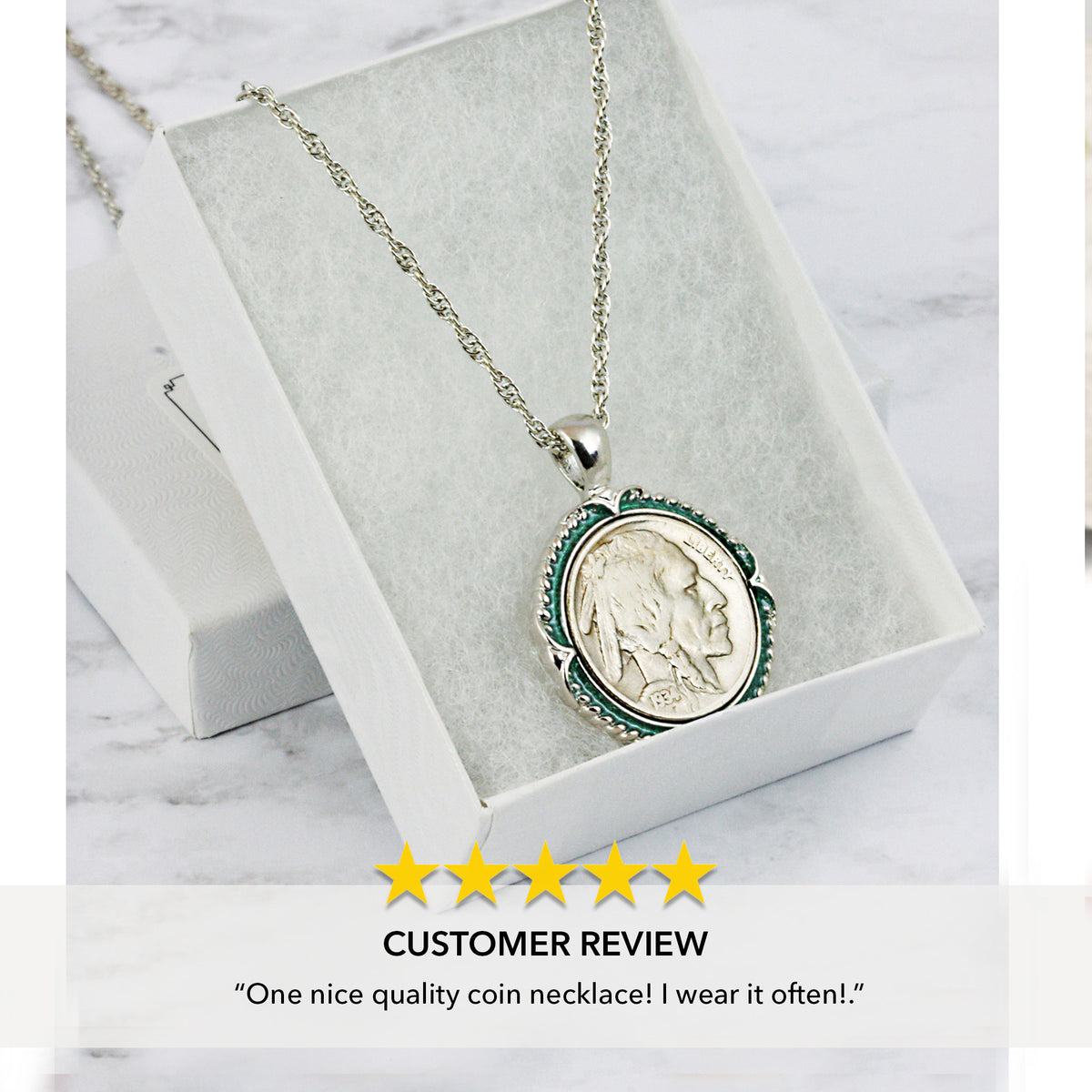 Buffalo Nickel Coin 1913-1938 Green Enamel Halo Pendant with 24" Chain + 3" Extender
