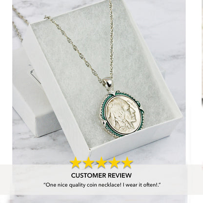 Buffalo Nickel Coin 1913-1938 Green Enamel Halo Pendant with 24" Chain + 3" Extender