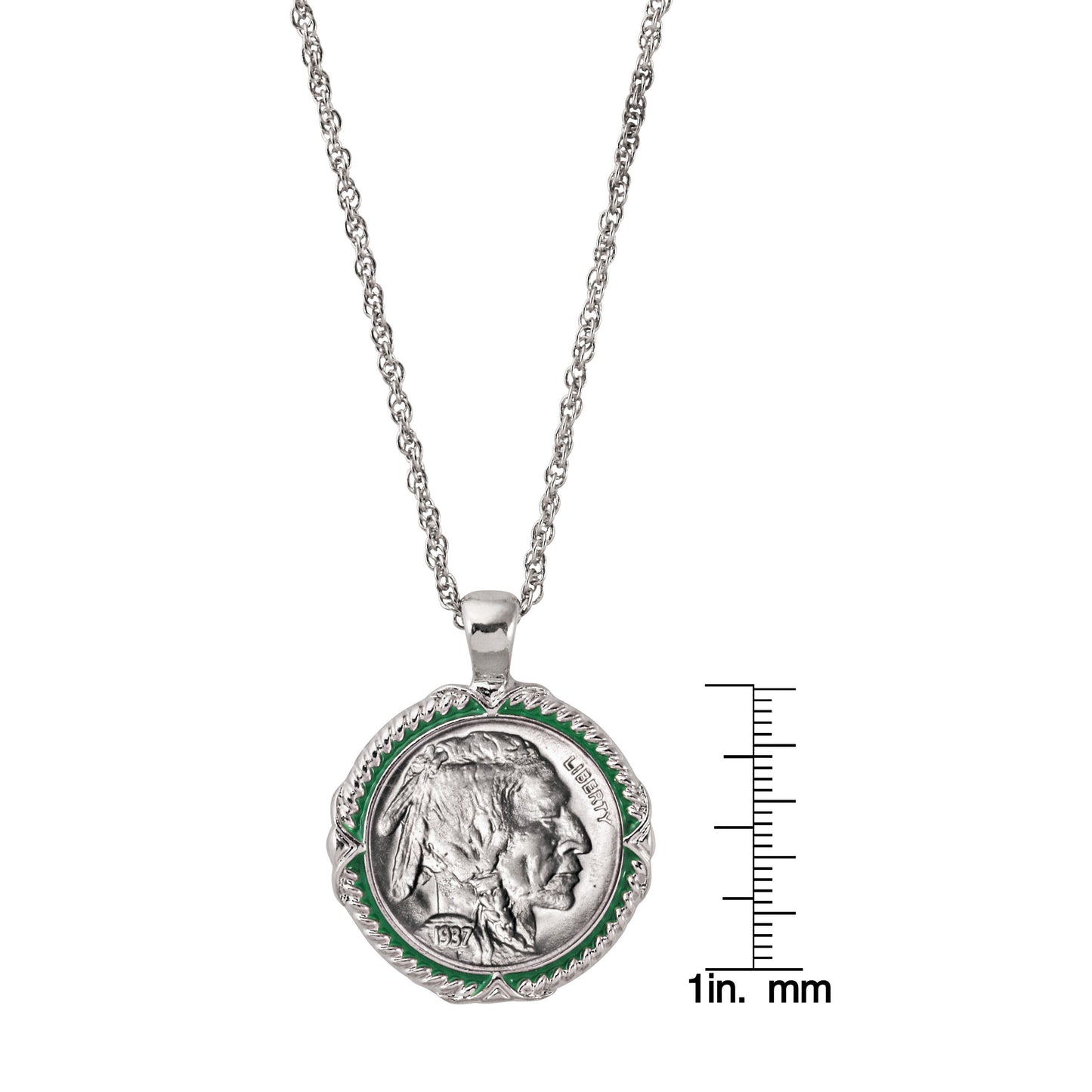 Buffalo Nickel Coin 1913-1938 Green Enamel Halo Pendant with 24" Chain + 3" Extender