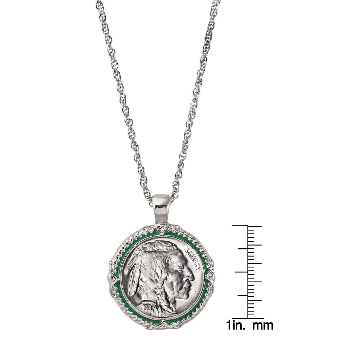 Buffalo Nickel Coin 1913-1938 Green Enamel Halo Pendant with 24" Chain + 3" Extender