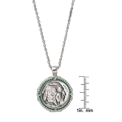 Buffalo Nickel Coin 1913-1938 Green Enamel Halo Pendant with 24" Chain + 3" Extender