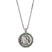 Buffalo Nickel Coin 1913-1938 Green Enamel Halo Pendant with 24" Chain + 3" Extender