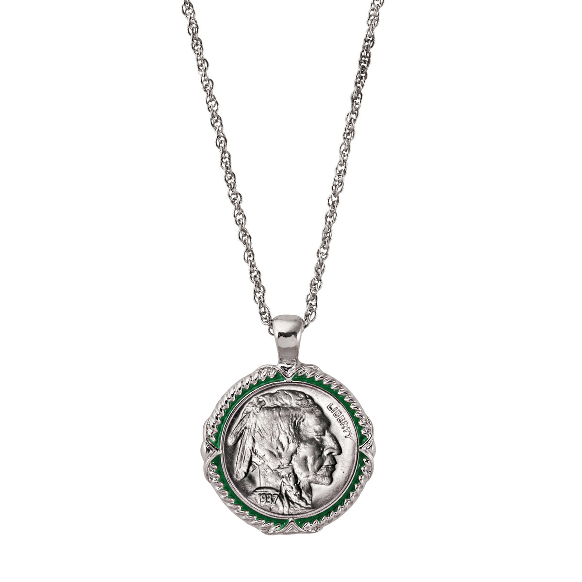 Buffalo Nickel Coin 1913-1938 Green Enamel Halo Pendant with 24" Chain + 3" Extender