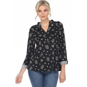 White Mark Women's Pleated Long Sleeve Leaf Print Blouse