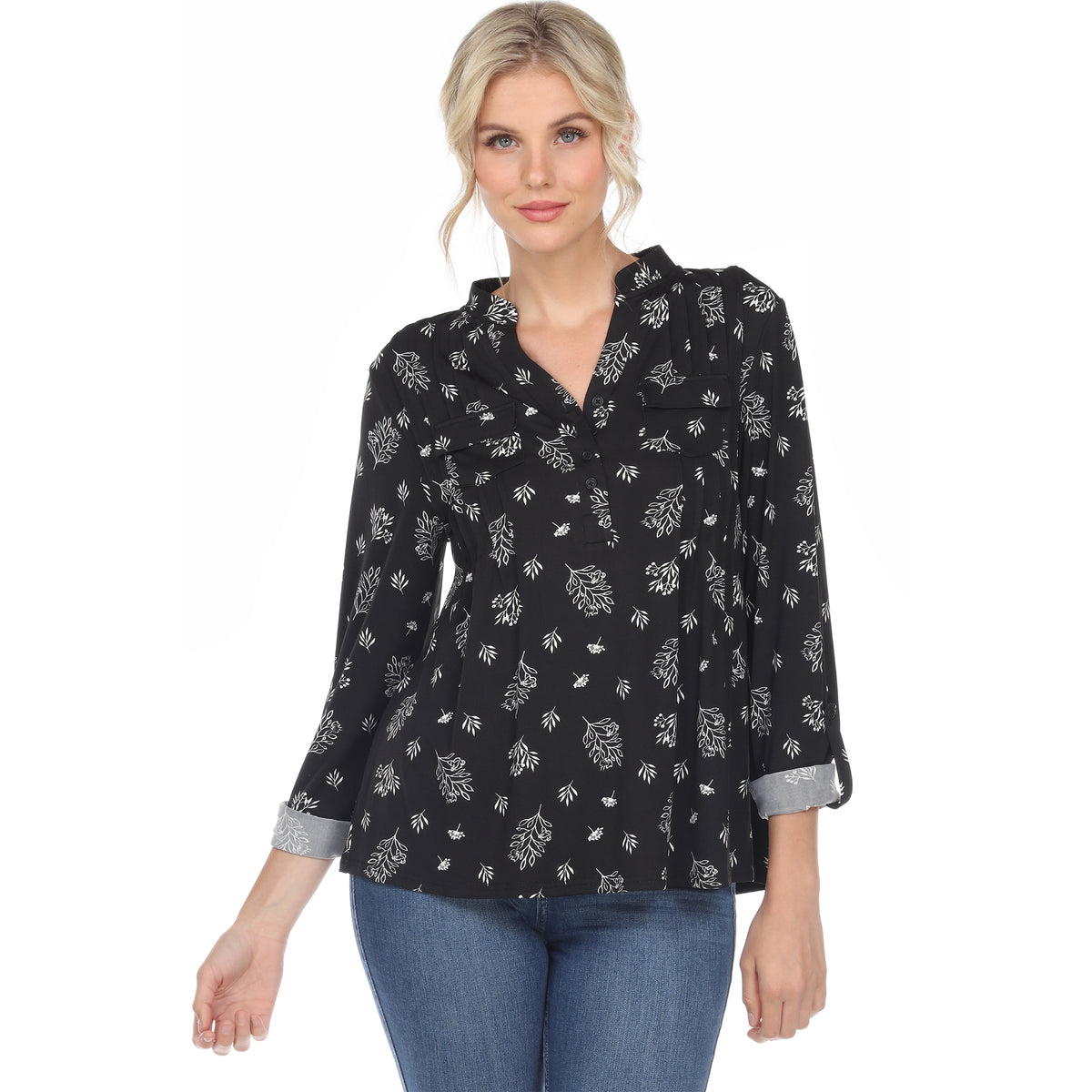 White Mark Women's Pleated Long Sleeve Leaf Print Blouse