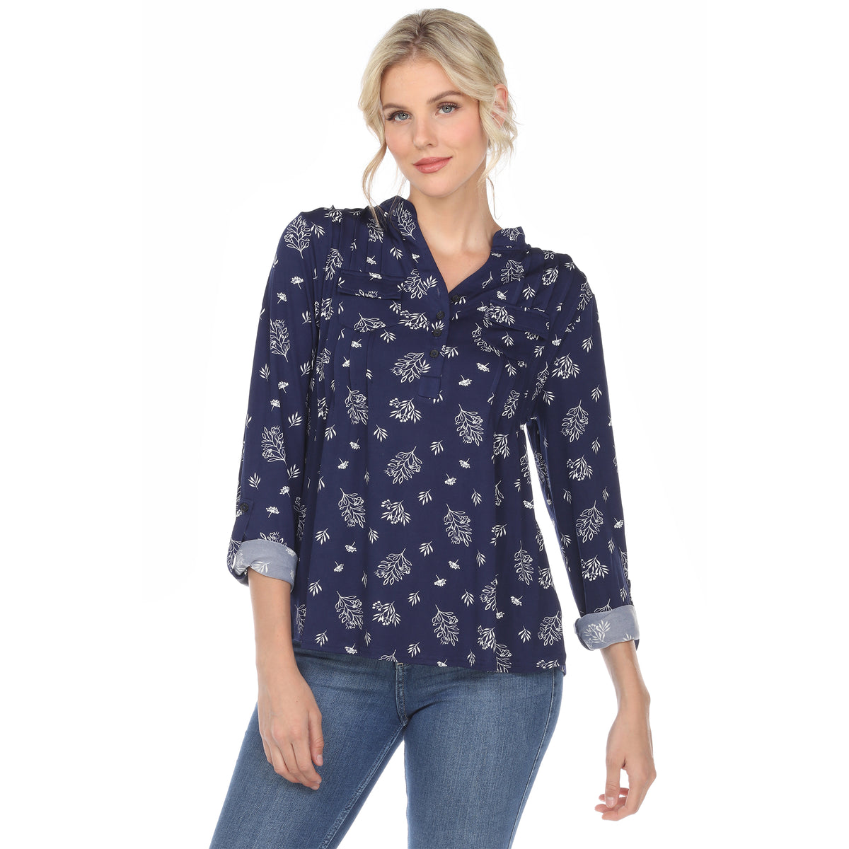 White Mark Women's Pleated Long Sleeve Leaf Print Blouse