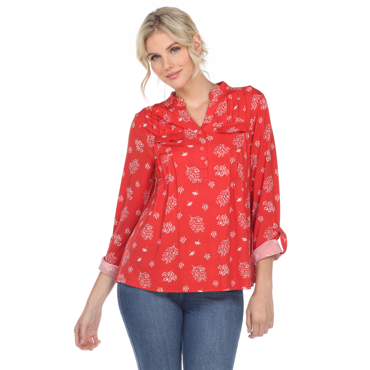 White Mark Women's Pleated Long Sleeve Leaf Print Blouse