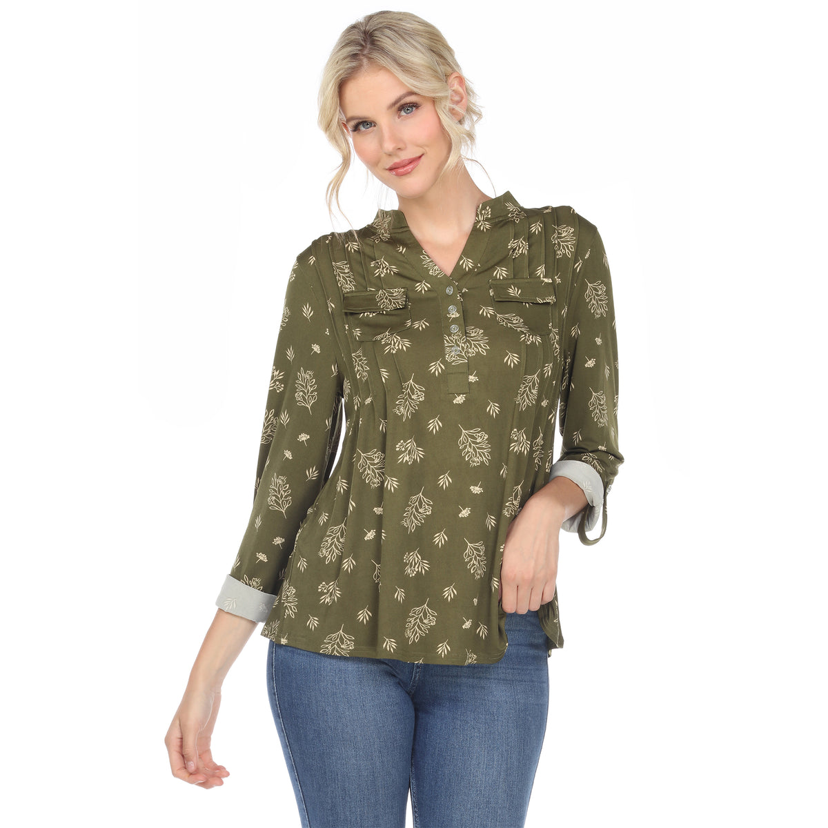 White Mark Women's Pleated Long Sleeve Leaf Print Blouse