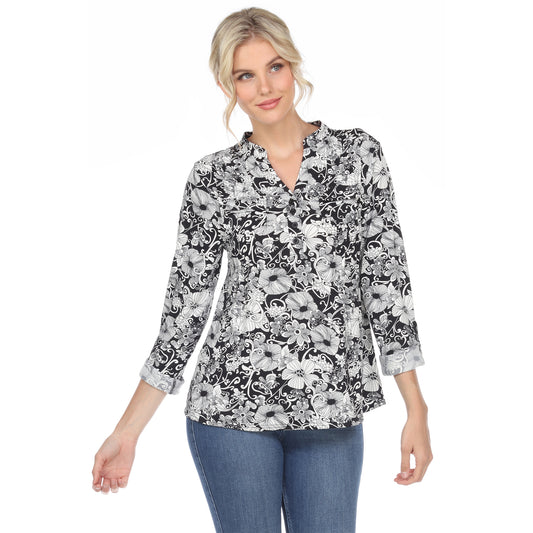 White Mark Women's Pleated Long Sleeve Floral Print Blouse