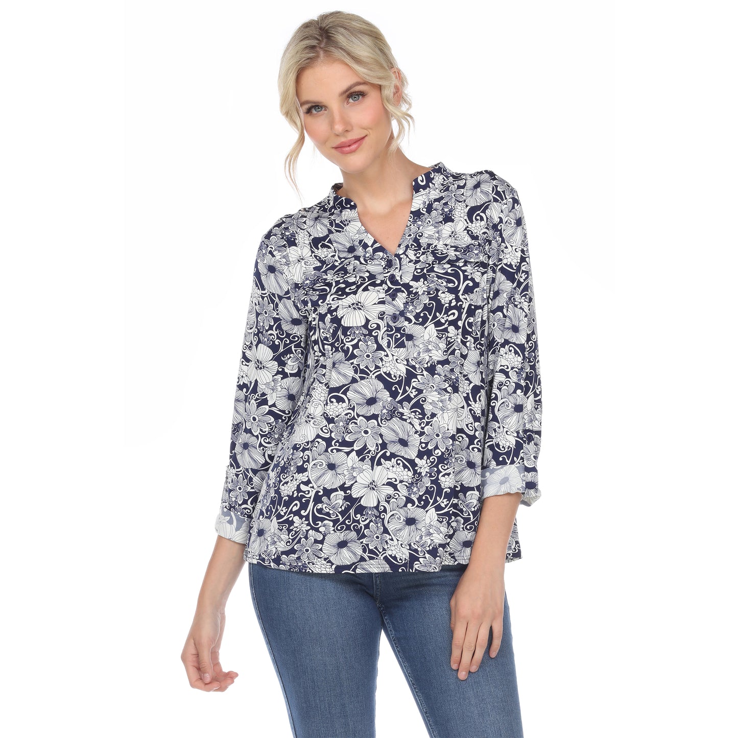 White Mark Women's Pleated Long Sleeve Floral Print Blouse