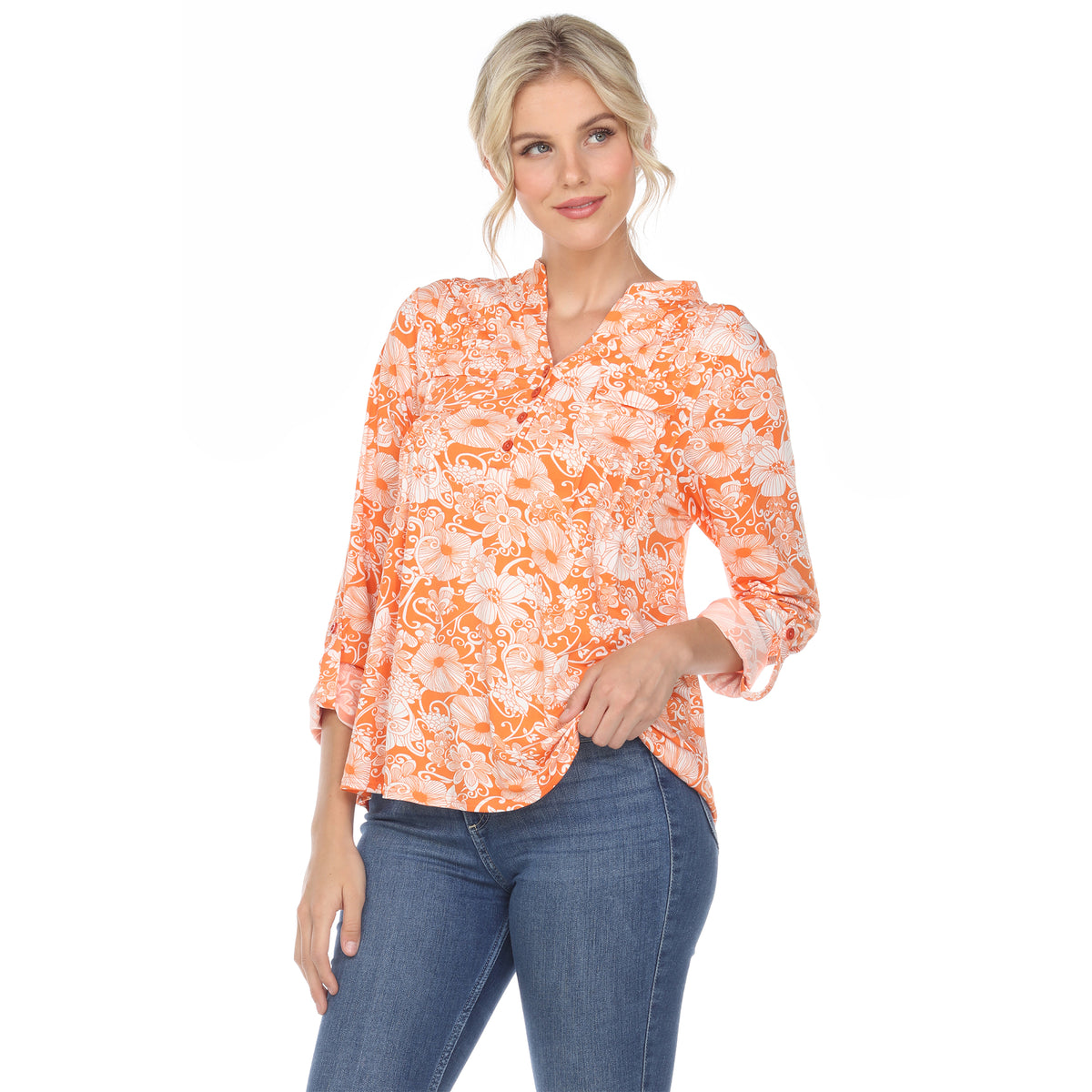 White Mark Women's Pleated Long Sleeve Floral Print Blouse