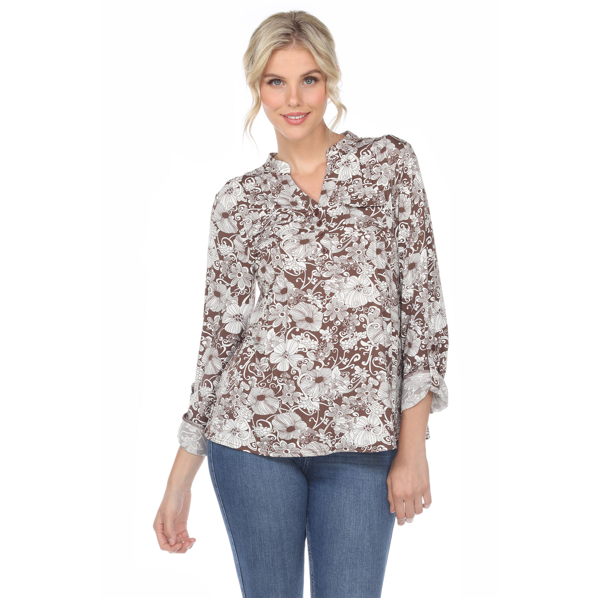 White Mark Women's Pleated Long Sleeve Floral Print Blouse