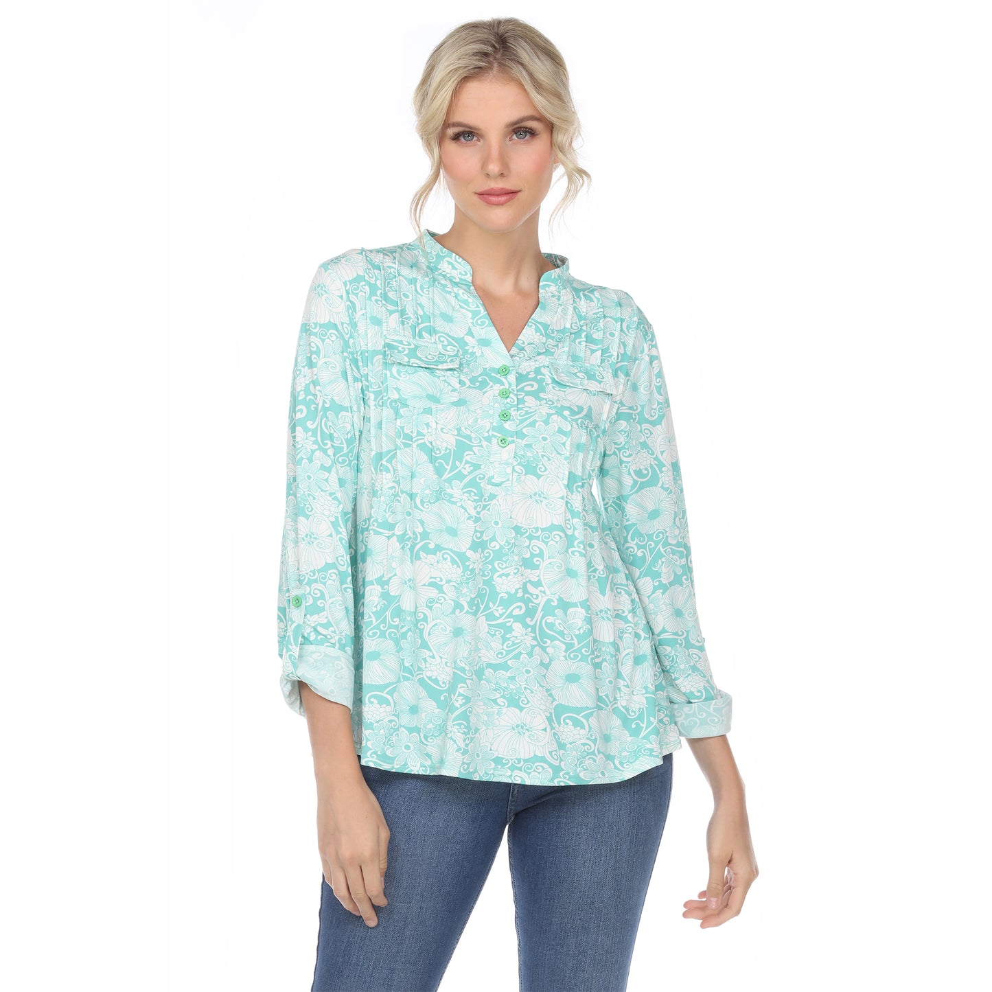 White Mark Women's Pleated Long Sleeve Floral Print Blouse