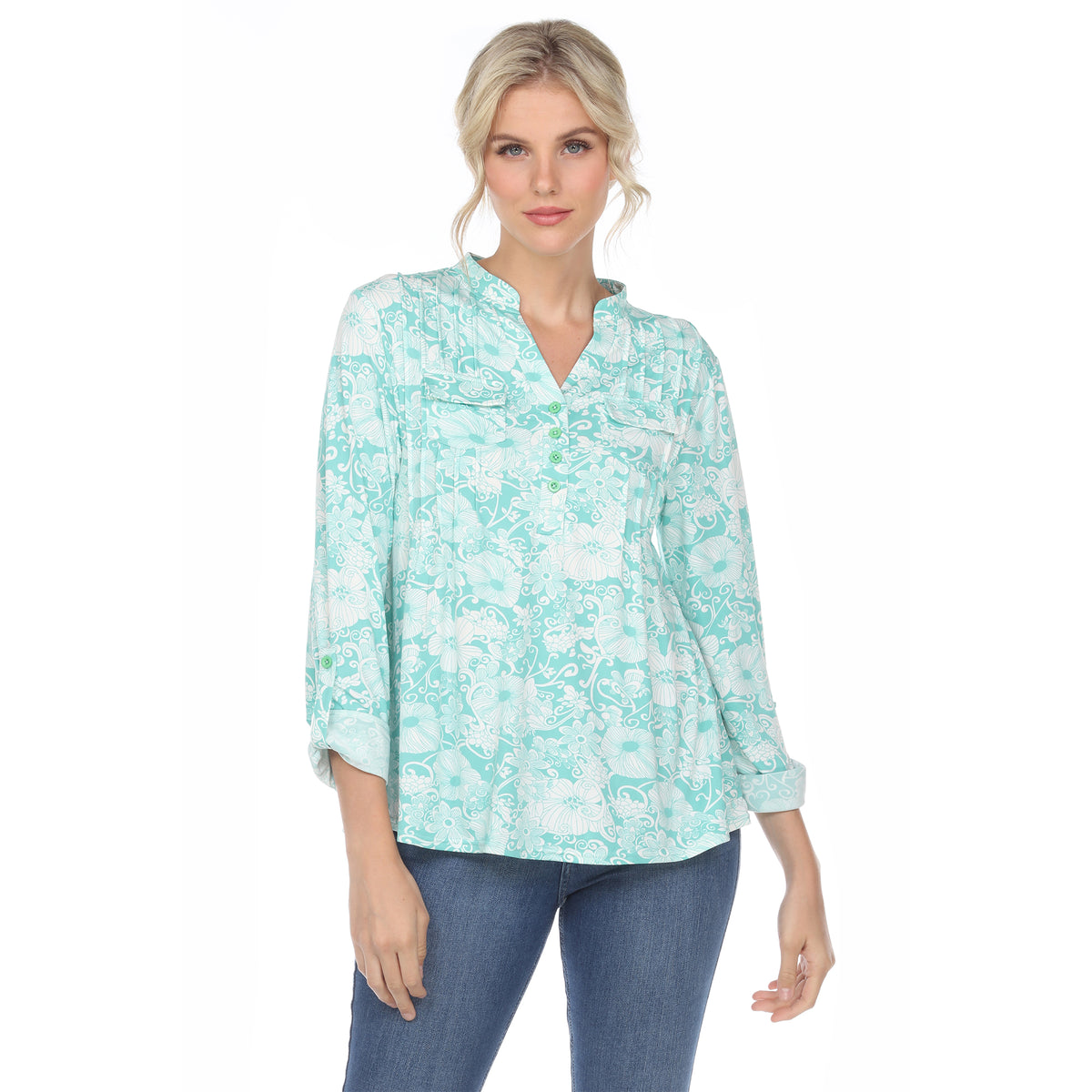 White Mark Women's Pleated Long Sleeve Floral Print Blouse