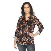 White Mark Women's Paisley Button Front Roll Tab Sleeve Top
