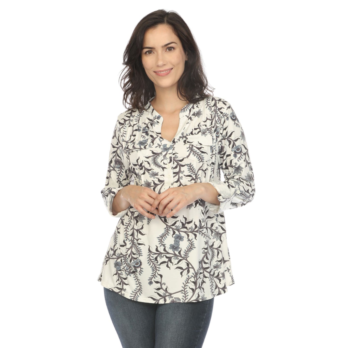 White Mark Women's Paisley Button Front Roll Tab Sleeve Top