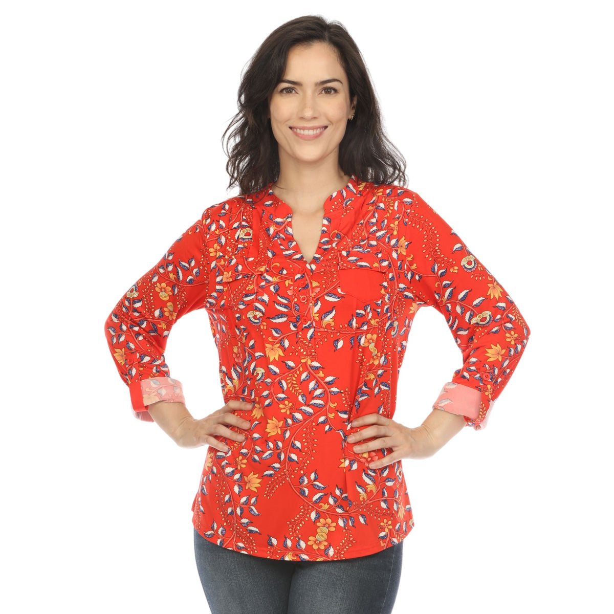 White Mark Women's Paisley Button Front Roll Tab Sleeve Top