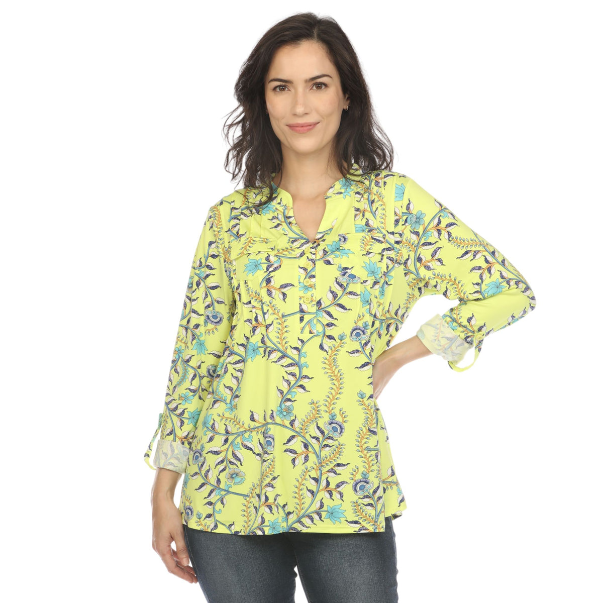White Mark Women's Paisley Button Front Roll Tab Sleeve Top