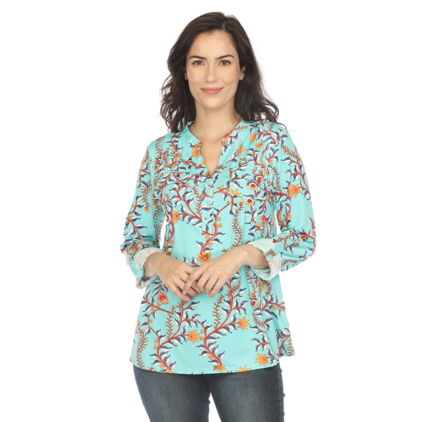 White Mark Women's Paisley Button Front Roll Tab Sleeve Top