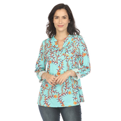 White Mark Women's Paisley Button Front Roll Tab Sleeve Top