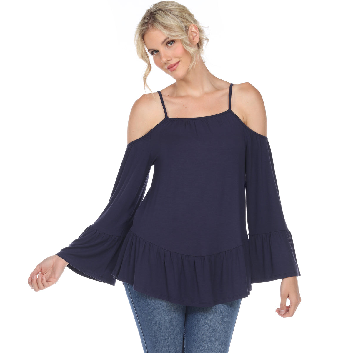 White Mark Women's Cold Shoulder Ruffle Sleeve Top