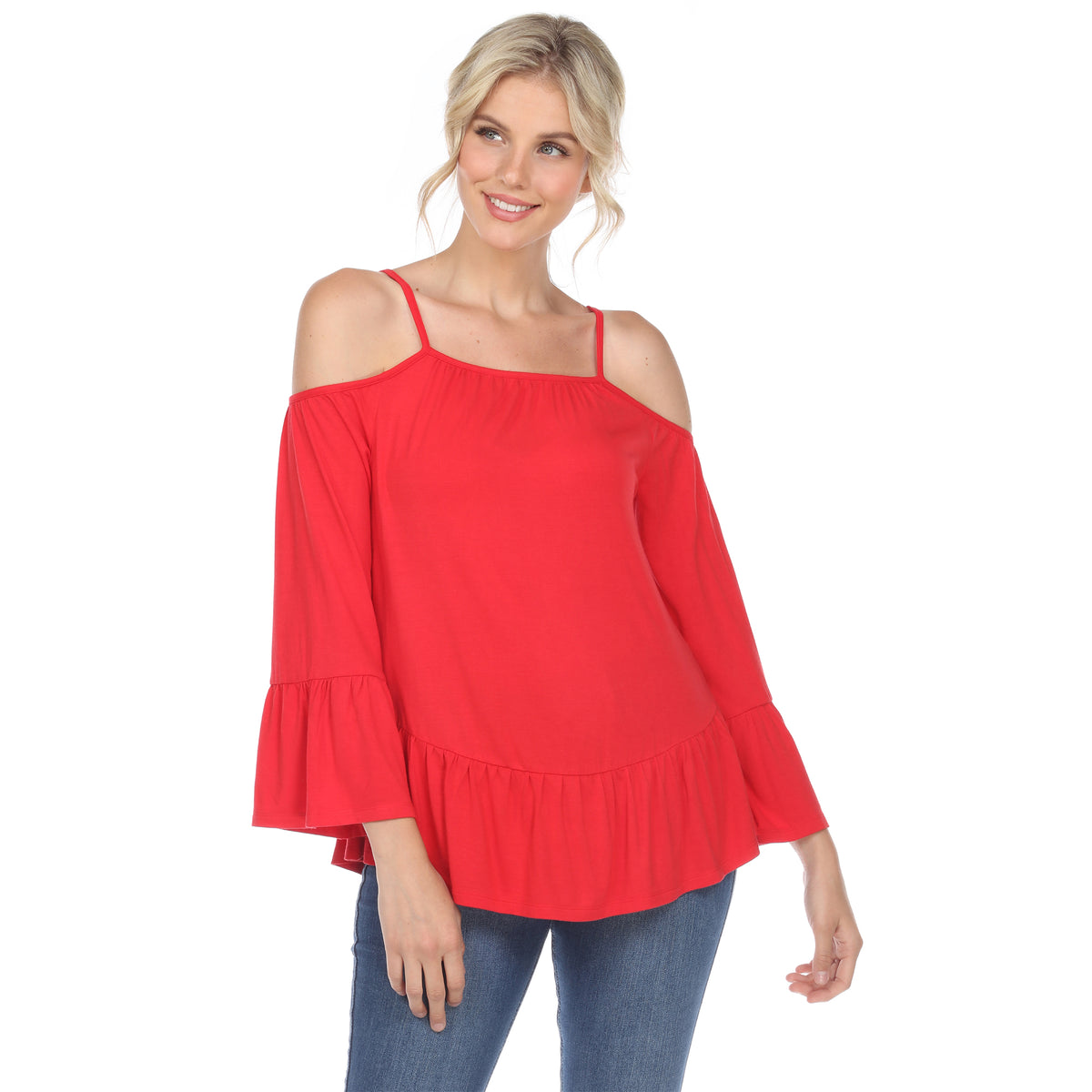 White Mark Women's Cold Shoulder Ruffle Sleeve Top