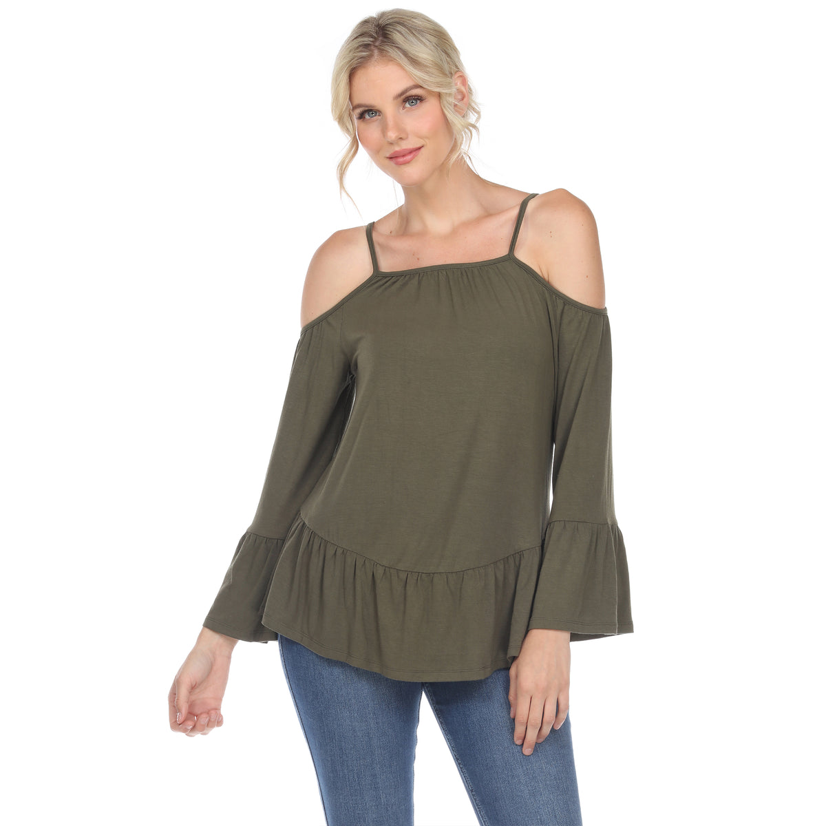 White Mark Women's Cold Shoulder Ruffle Sleeve Top