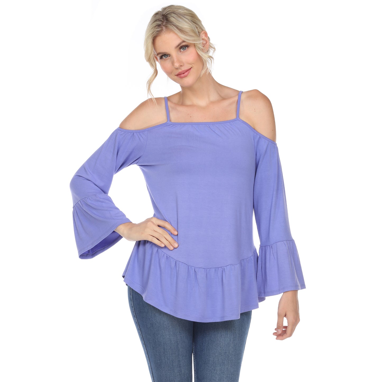 White Mark Women's Cold Shoulder Ruffle Sleeve Top