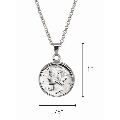 U.S. Silver Mercury Dime 1616-1945 Coin Pendant with 18" Chain