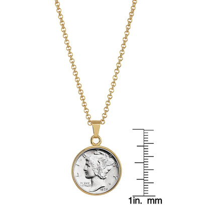 Silver Mercury Dime Goldtone Coin Pendant with 18" Chain