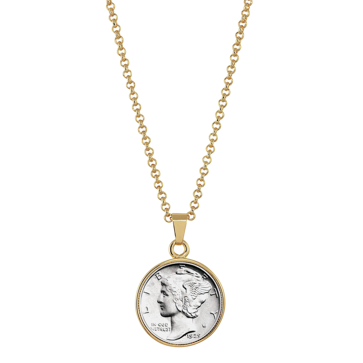 Silver Mercury Dime Goldtone Coin Pendant with 18" Chain