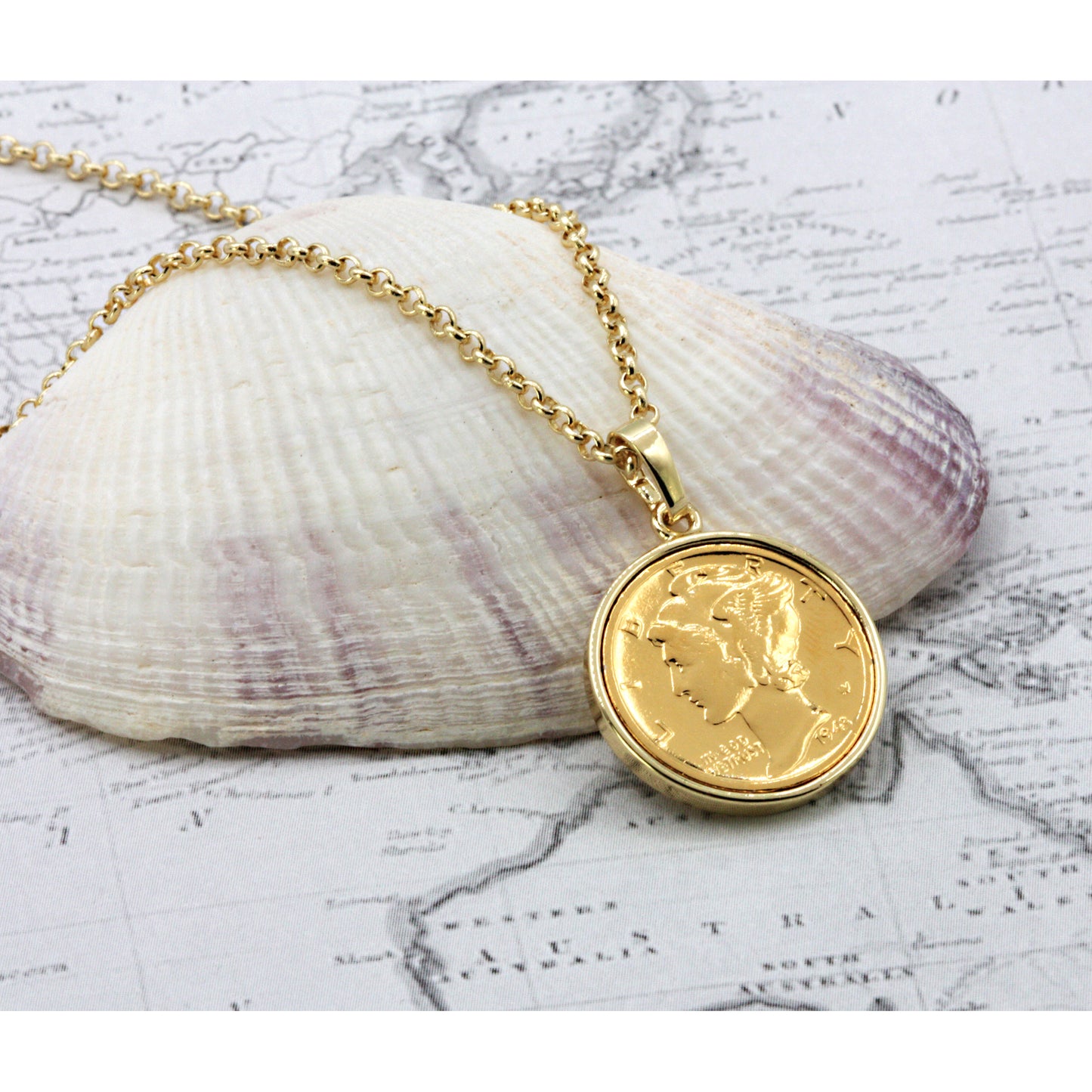 1916-1945 Gold-Layered Silver Mercury Dime Gold-tone Coin Pendant Necklace with 18" Chain