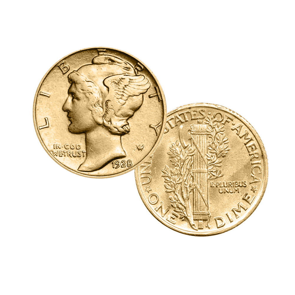 1916-1945 Gold-Layered Silver Mercury Dime Gold-tone Coin Pendant Necklace with 18" Chain